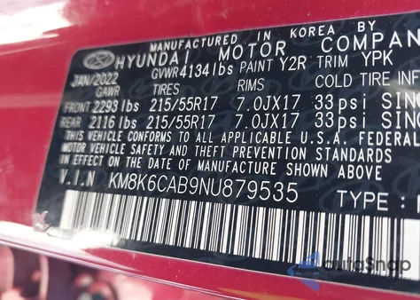 2022 Hyundai Kona Sel from USA, damaged, VIN KM8K6CAB9NU879535